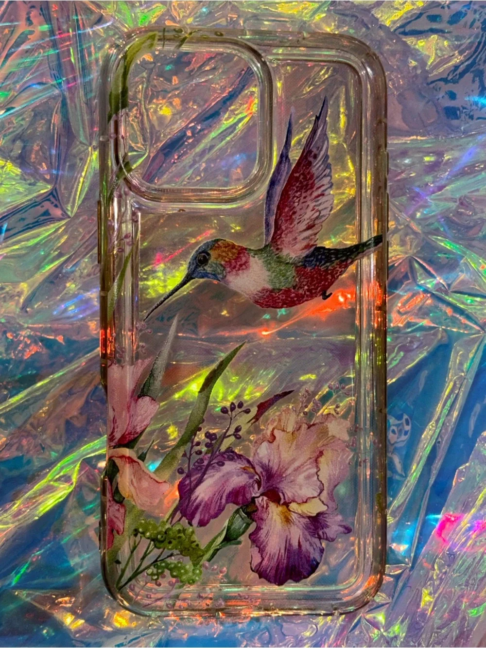 Colorful Hummingbird & Iris Floral Nature Soft Plastic iPhone 16 Pro Max Case